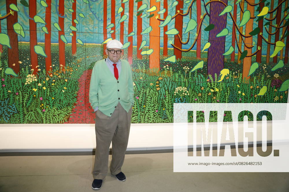 Revelation of the donation of the painting The Arrival Of Spring in Woldgate, East Yorkshire in 2011 by painter David Hockney to the Centre Pompidou in Paris, France on September 26, 2017 A monumental painting some ten meters long by 4 meters high David Hockney poses in front of h