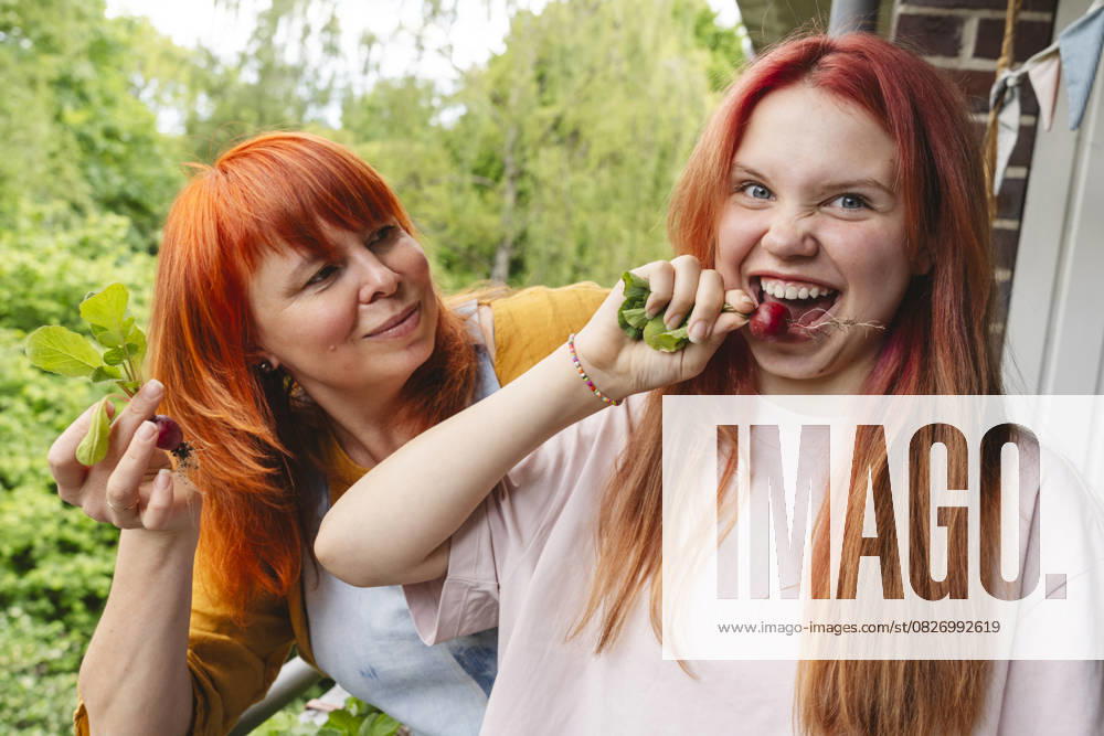 IMAGO Creative, Sommer, Food, Radieschen Mother and daughter enjoying urban gardening on balcony model released, Symbolfoto property released, IHF02254