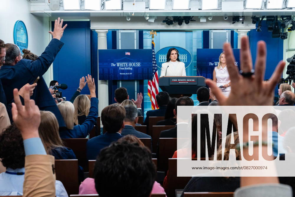 Tulsi Gabbard, Director of National Intelligence (DNI), speaks next to White House Press Secretary Karoline Leavitt, during a news conference in the James S. Brady Press Briefing Room of the White House in Washington, DC, US, on Wednesday, July 23, 2025. Tensions between the Trump administration and the judiciary flared on Tuesday when Attorney General Pam Bondi removed a US attorney for New Jersey that had been named by federal judges to replace the president’s choice.
