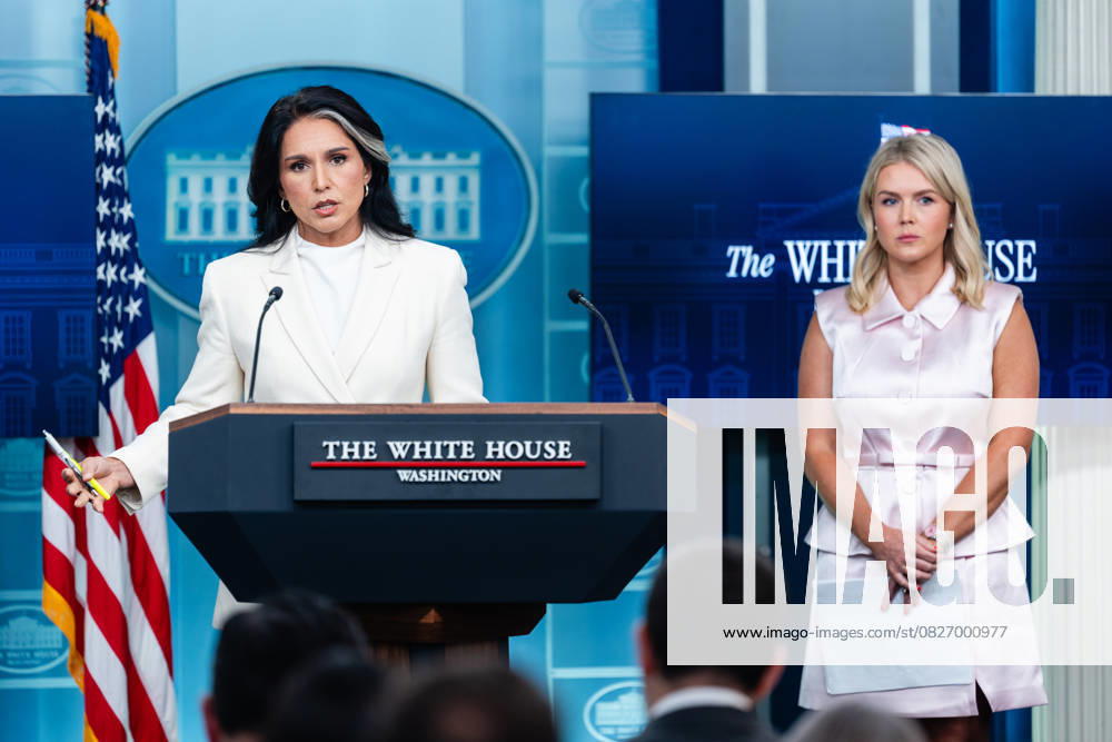 Tulsi Gabbard, Director of National Intelligence (DNI), speaks next to White House Press Secretary Karoline Leavitt, during a news conference in the James S. Brady Press Briefing Room of the White House in Washington, DC, US, on Wednesday, July 23, 2025. Tensions between the Trump administration and the judiciary flared on Tuesday when Attorney General Pam Bondi removed a US attorney for New Jersey that had been named by federal judges to replace the president’s choice.