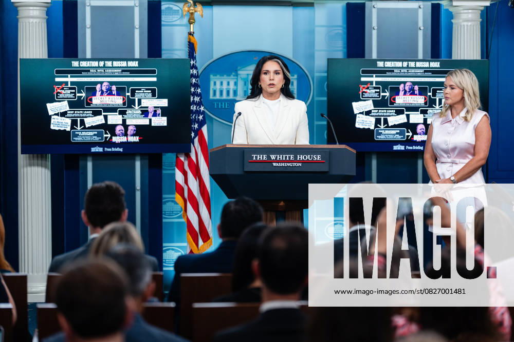 Tulsi Gabbard, Director of National Intelligence (DNI), speaks next to White House Press Secretary Karoline Leavitt, during a news conference in the James S. Brady Press Briefing Room of the White House in Washington, DC, US, on Wednesday, July 23, 2025. Tensions between the Trump administration and the judiciary flared on Tuesday when Attorney General Pam Bondi removed a US attorney for New Jersey that had been named by federal judges to replace the president’s choice.