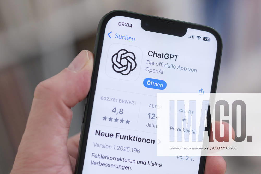 A cell phone with the Apple App Store page open shows the ChatGPT app for download. Symbolic image for artificial intelligence and the growing influence of AI applications in everyday life. Nordrhein-Westfalen Deutschland, Germany GMS19584
