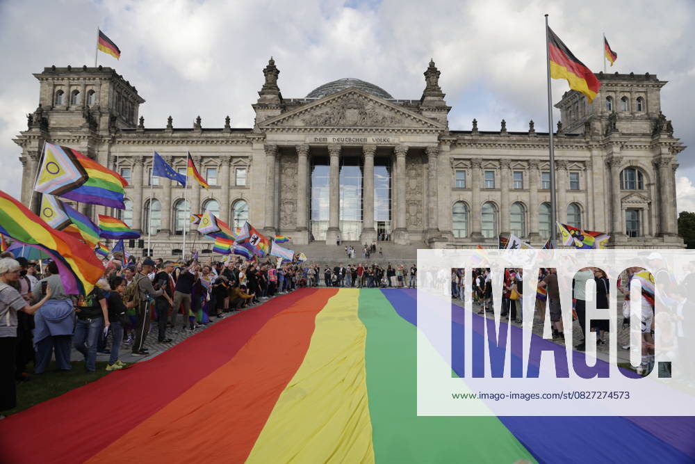 Germany, Berlin, Demonstration in front of the Bundestag, Rainbow flag in front of the Bundestag