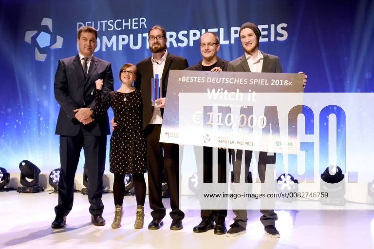 Markus Söder Tina Heitmann Christoph Rienäcker Nils Ohlig and Lukas Köhne at the German Computer Game Award 2018 in the Kesselhaus Munich 10 04 2018 Foto:xP.xSchönbergerx xFuturexImage