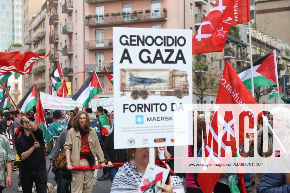 Pro-Palestinian demonstrators march in Italy MILAN, ITALY - APRIL 12: Thousands of demonstrators march at the square while holding Palestinian flags, as they chant for stopping the genocide in Gaza , no displacement of Palestinians and immediate permanent ceasefire , on April 12, 2025 in Milan, Italy. Lombardia Italy. Editorial use only. Please get in touch for any other usage.