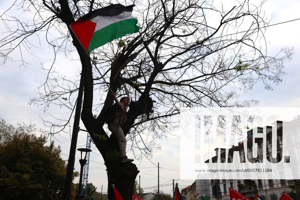 Pro-Palestinian demonstrators march in Italy MILAN, ITALY - APRIL 12: Thousands of demonstrators march at the square while holding Palestinian flags, as they chant for stopping the genocide in Gaza , no displacement of Palestinians and immediate permanent ceasefire , on April 12, 2025 in Milan, Italy. Lombardia Italy. Editorial use only. Please get in touch for any other usage.