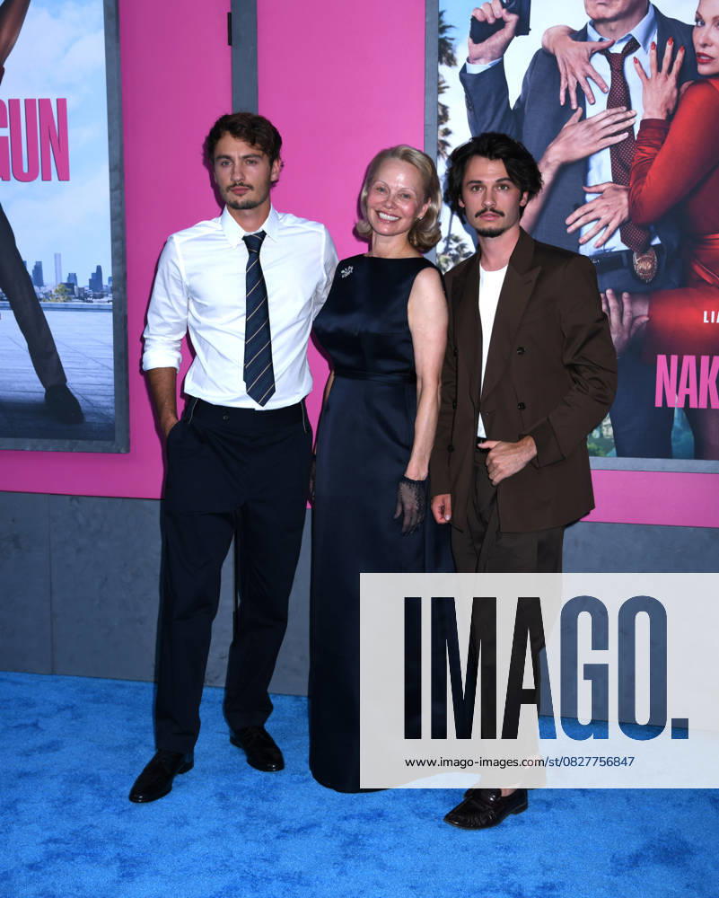 Brandon Thomas Lee, Pamela Anderson, and Dylan Jagger Lee attend the US Premiere of The Naked Gun at SVA Theater in New York. July 28, 2025. New York United States - ZUMAp281 20250728_zea_p281_016
