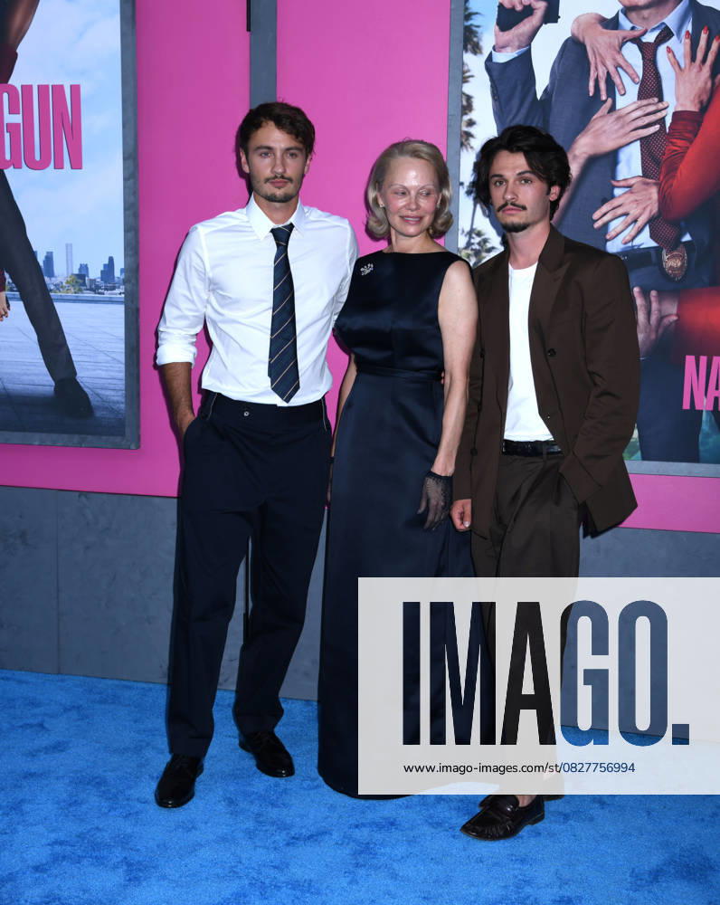 Brandon Thomas Lee, Pamela Anderson, and Dylan Jagger Lee attend the US Premiere of The Naked Gun at SVA Theater in New York. July 28, 2025. New York United States - ZUMAp281 20250728_zea_p281_021