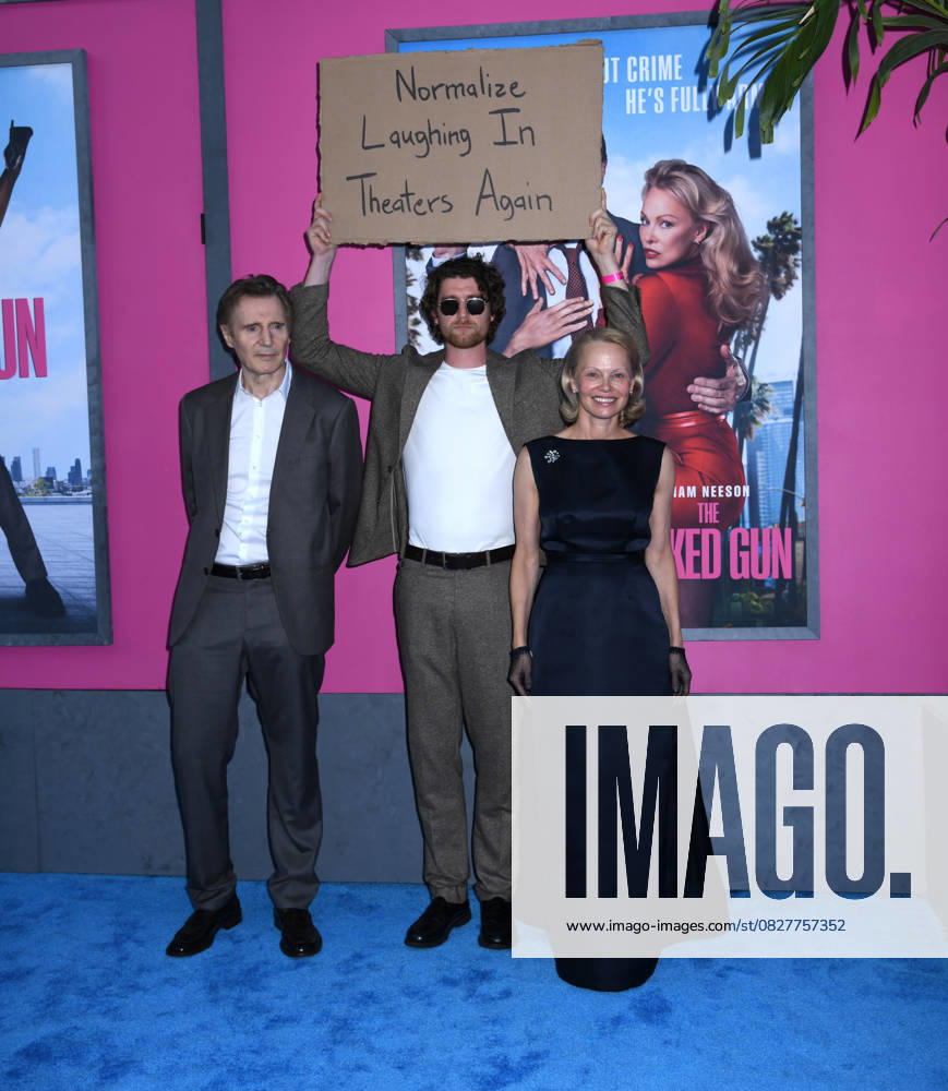 Liam Neeson and Pamela Anderson attend the US Premiere of The Naked Gun at SVA Theater in New York. July 28, 2025. New York United States - ZUMAp281 20250728_zea_p281_039