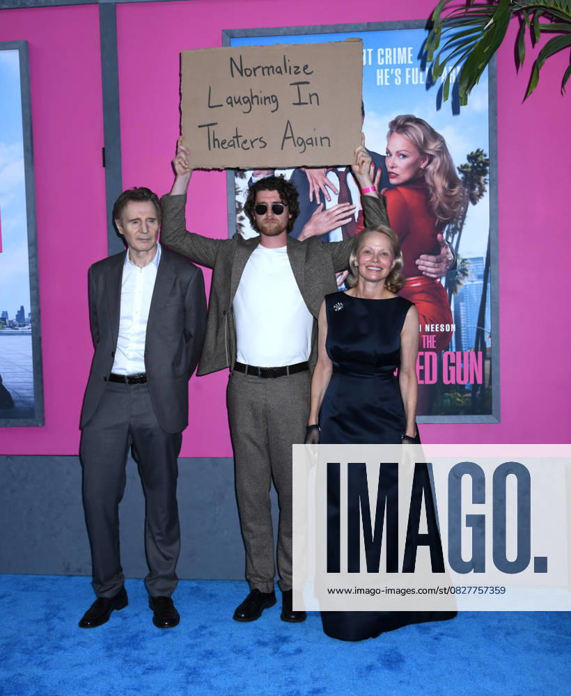 Liam Neeson and Pamela Anderson attend the US Premiere of The Naked Gun at SVA Theater in New York. July 28, 2025. New York United States - ZUMAp281 20250728_zea_p281_040