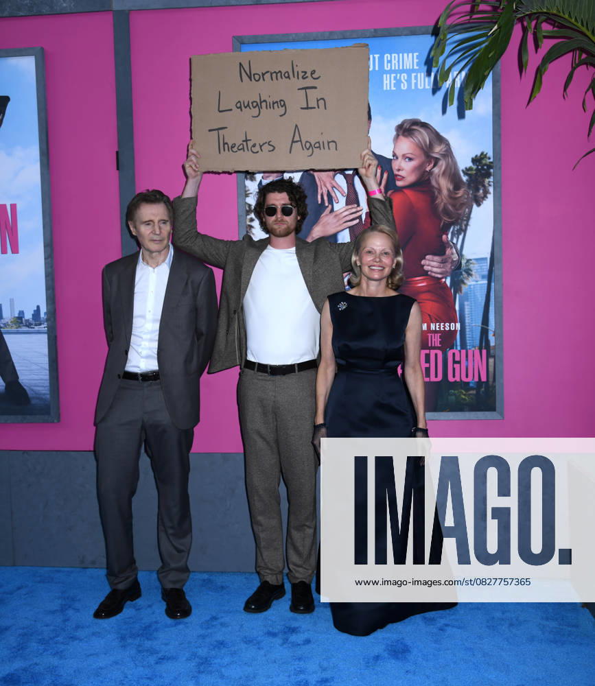 Liam Neeson and Pamela Anderson attend the US Premiere of The Naked Gun at SVA Theater in New York. July 28, 2025. New York United States - ZUMAp281 20250728_zea_p281_041