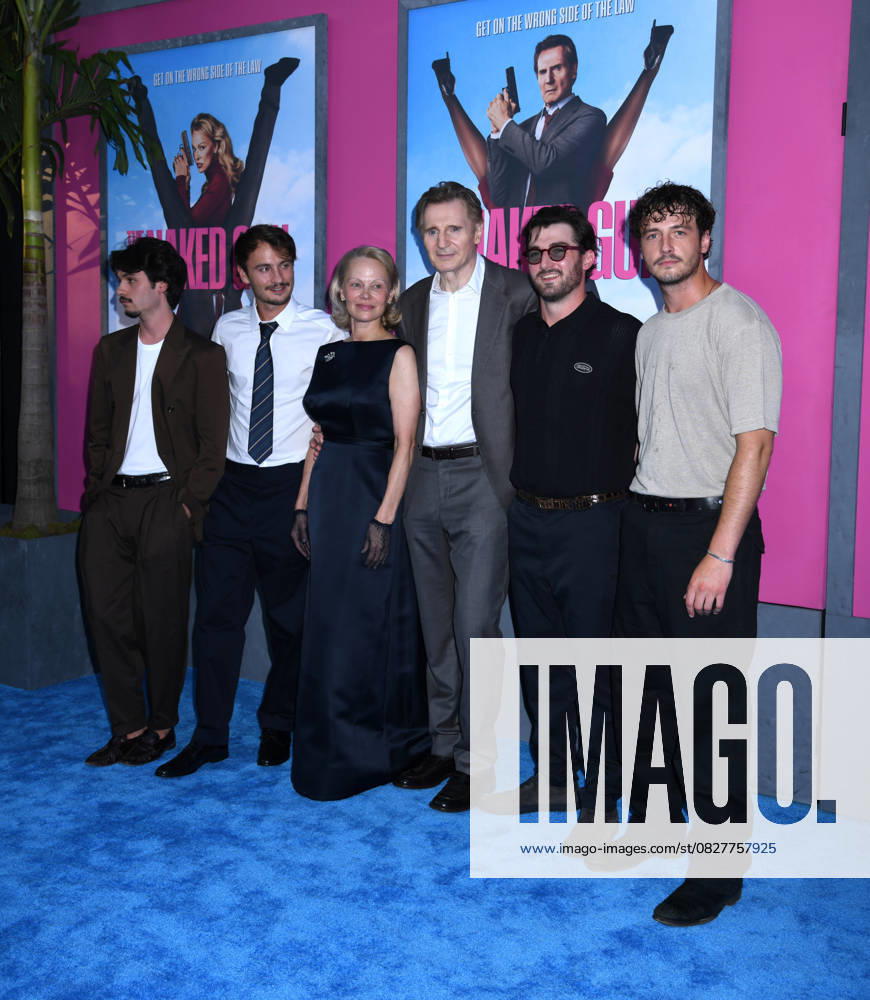 Dylan Jagger Lee, Brandon Thomas Lee, Pamela Anderson, Liam Neeson, Daniel Neeson and Micheal Neeson attend the US Premiere of The Naked Gun at SVA Theater in New York. July 28, 2025. New York United States - ZUMAp281 20250728_zea_p281_026