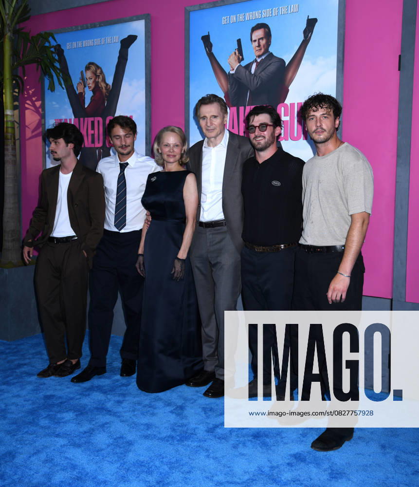Dylan Jagger Lee, Brandon Thomas Lee, Pamela Anderson, Liam Neeson, Daniel Neeson and Micheal Neeson attend the US Premiere of The Naked Gun at SVA Theater in New York. July 28, 2025. New York United States - ZUMAp281 20250728_zea_p281_027