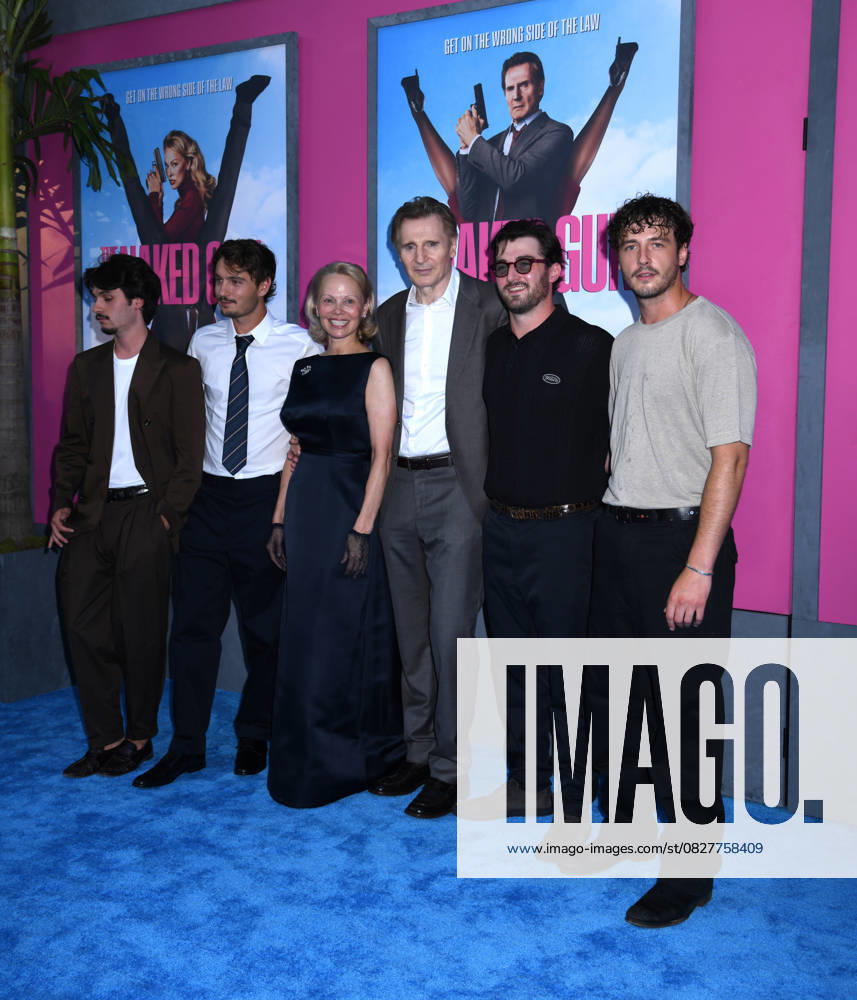 Dylan Jagger Lee, Brandon Thomas Lee, Pamela Anderson, Liam Neeson, Daniel Neeson and Micheal Neeson attend the US Premiere of The Naked Gun at SVA Theater in New York. July 28, 2025. New York United States - ZUMAp281 20250728_zea_p281_032