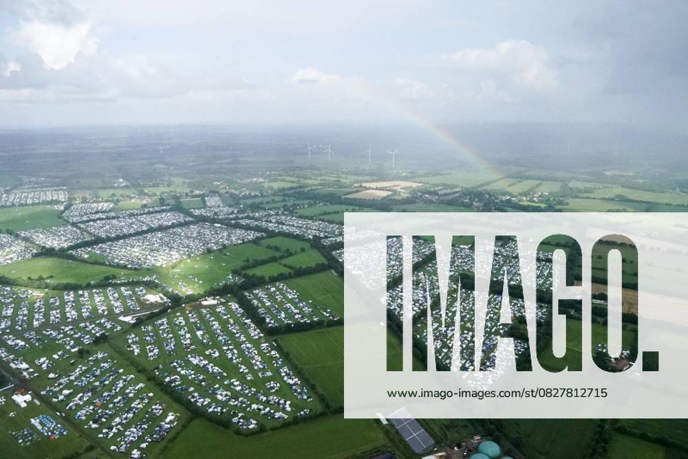 Cntv view overview of the Wacken Festival rainbow area with stage campsite arrival of the Heavy Metal Town Metalheads fans from the air to the 34 Wacken Open Air Festival start of the festival is on July 30 it lasts until August 02, 2025 instead of Wacken near Itzehoe July 29, 2025 SH Germany