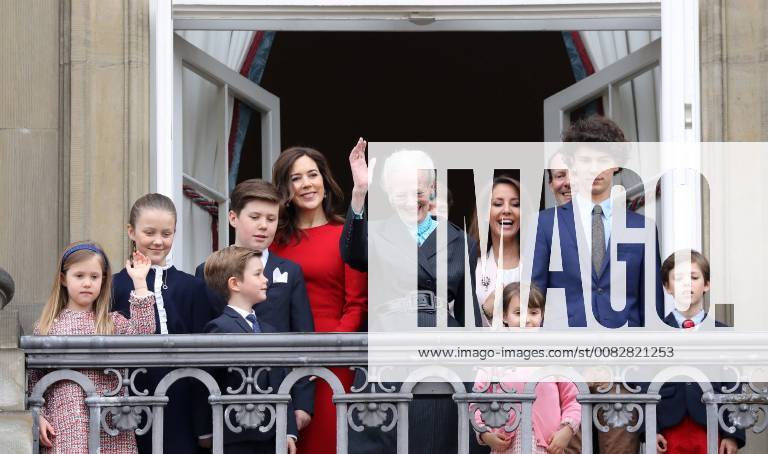 Denmark Danish royal family celebrating the Queen’s 78th birthday on the balcony of Christian IX’s Palace Amalienborg. Queen Margrethe Princess Mary and Prince Frederik with Prince Christian and Princess Isabella and Princess Josephine and Prince Vincent. Princess Marie and Prince Joachim and Prince Henrik and Princess Athena.
