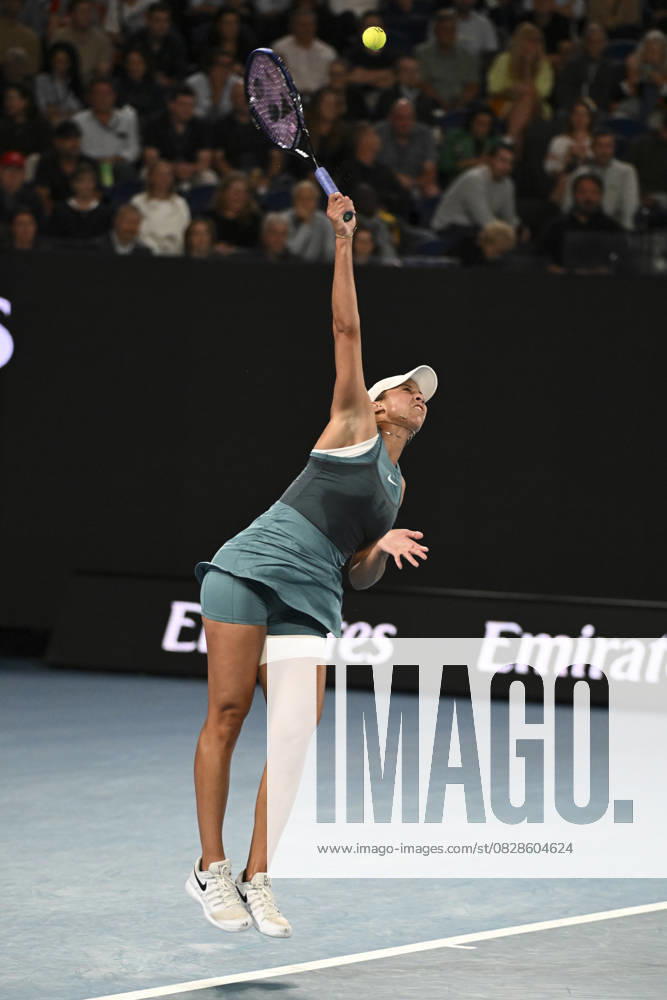 2025 Australian Open MELBOURNE, AUSTRALIA - JANUARY 23: Madison Keys of United States of America in action against Iga Swiatek of Poland (not seen) during the semi final of the Australian Open grand slam tennis tournament at Melbourne Park in Melbourne, Australia on January 23, 2025 Queensland Australia. Editorial use only. Please get in touch for any other usage.