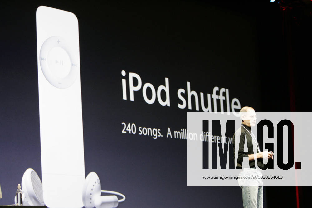 MacWorld 2005 San Francisco Expo Jan 11, 2005; San Francisco, California, U.S.; CEO STEVE JOBS presents a new iPod, the iPod Shuffle, which targets flash MP3 players from other manufacturers. MacWorld 2005 in San Francisco is regularly the venue for Apple CEO Steve Jobs to present new products to a cult-following audience.