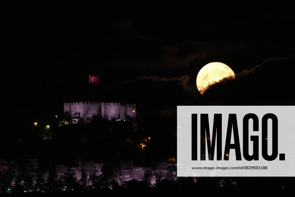Full moon in Turkish capital ANKARA, TURKIYE - OCTOBER 18: The full moon rises over Ankara Castle.in Turkish capital Ankara, Turkiye on October 18, 2024. Ankara Turkey. Editorial use only. Please get in touch for any other usage.