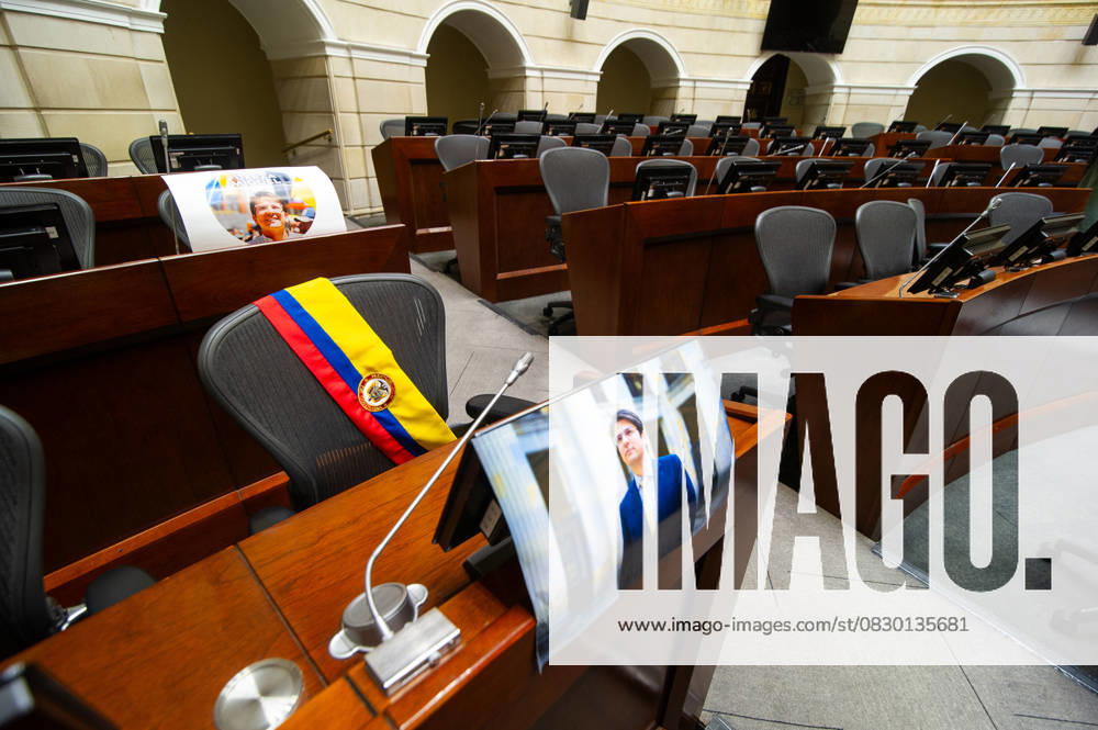 Pictures and a flag band of Miguel Uribe Turbay rest in his chair inside the capitol as the Colombian capitol building is prepared for the arrival of his coffin for a funeral chamber that will last 3 days. Uribe Turbay who was victim of an assasination attempt on june 7 died in the early morning of august 11, 2025. Bogota Colombia - ZUMAvp1_ 20250811_zia_vp1_005