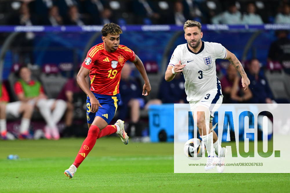 Spain v England: Final - UEFA EURO 2024 BERLIN, GERMANY - JULY 14: Lamine Yamal of Spain in action against Luke Shaw during the UEFA EURO 2024 final match between Spain and England at Olympiastadion in Berlin, Germany on July 14, 2024. Germany World. Editorial use only. Please get in touch for any other usage.