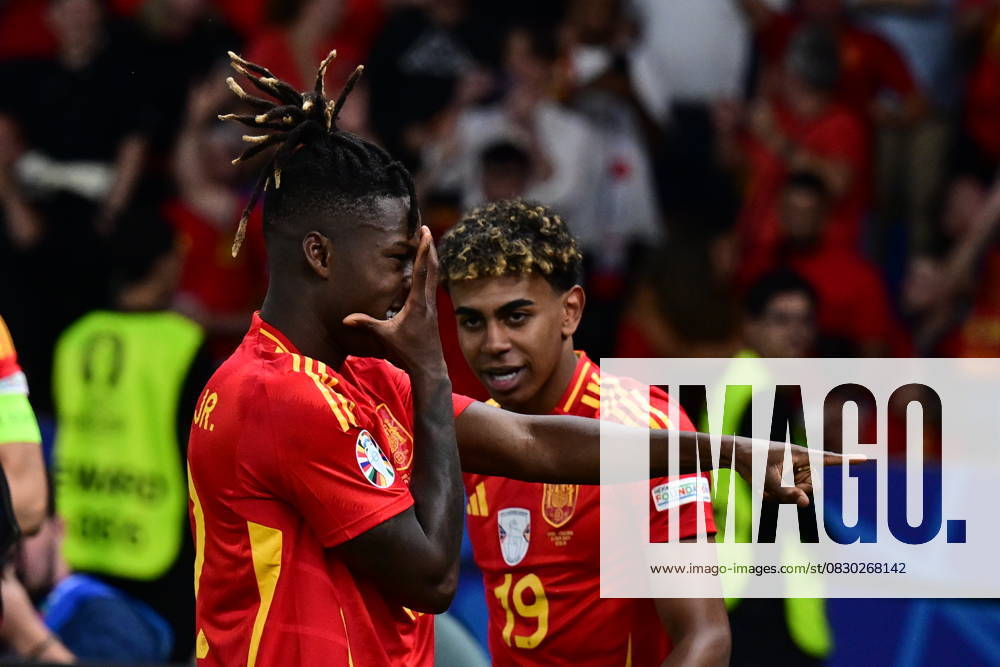 Spain v England: Final - UEFA EURO 2024 BERLIN, GERMANY - JULY 14: Nico Williams (17) and Lamine Yamal (19) of Spain celebrate after a goal during the UEFA EURO 2024 final match between Spain and England at Olympiastadion in Berlin, Germany on July 14, 2024. Berlin Germany. Editorial use only. Please get in touch for any other usage.