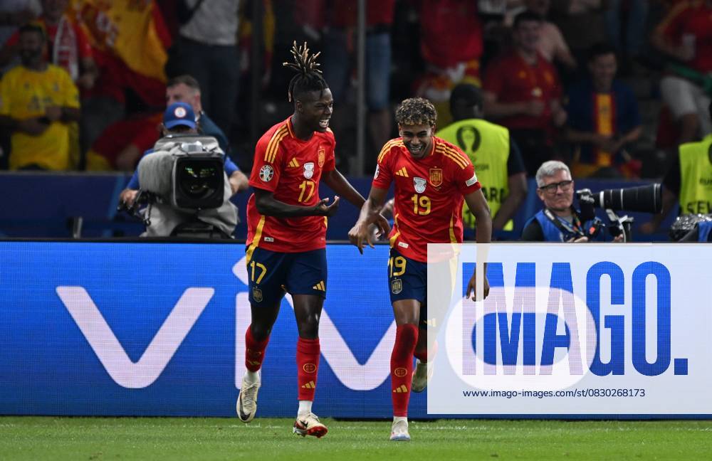 Spain v England: Final - UEFA EURO 2024 BERLIN, GERMANY - JULY 14: Nico Williams (17) of Spain celebrates after scoring a goal with his teammate Lamine Yamal (19) during the UEFA EURO 2024 final match between Spain and England at Olympiastadion in Berlin, Germany on July 14, 2024. Germany World. Editorial use only. Please get in touch for any other usage.