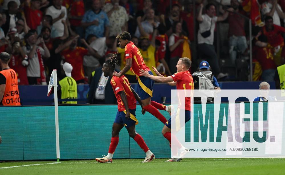 Spain v England: Final - UEFA EURO 2024 BERLIN, GERMANY - JULY 14: Nico Williams (17) of Spain celebrates after scoring a goal with his teammate Lamine Yamal (19) during the UEFA EURO 2024 final match between Spain and England at Olympiastadion in Berlin, Germany on July 14, 2024. Germany World. Editorial use only. Please get in touch for any other usage.