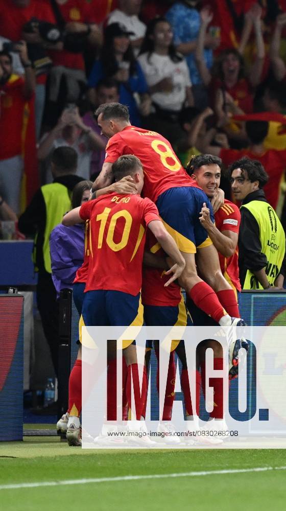 Spain v England: Final - UEFA EURO 2024 BERLIN, GERMANY - JULY 14: Players of Spain celebrate a goal during the UEFA EURO 2024 final match between Spain and England at Olympiastadion in Berlin, Germany on July 14, 2024. Germany World. Editorial use only. Please get in touch for any other usage.