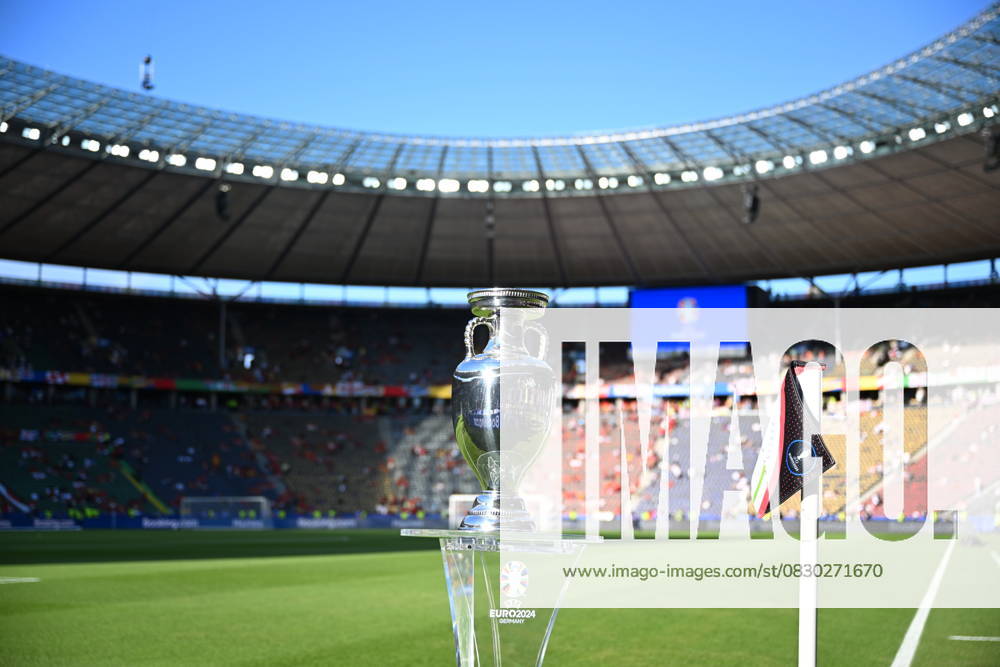 Spain v England: Final - UEFA EURO 2024 BERLIN, GERMANY - JULY 14: A view of the trophy ahead of the UEFA EURO 2024 final match between Spain and England at Olympiastadion in Berlin, Germany on July 14, 2024. Germany World. Editorial use only. Please get in touch for any other usage.