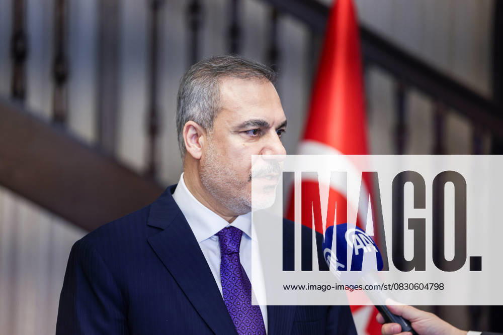 Turkish Foreign Minister Hakan Fidan in Prague PRAGUE, CZECH REPUBLIC - MAY 31: Turkish Foreign Minister Hakan Fidan makes remarks following the NATO Foreign Ministers Informal Meeting held in Prague, the capital of the Czech Republic on May 31, 2024. Prag Czech Republic. Editorial use only. Please get in touch for any other usage.