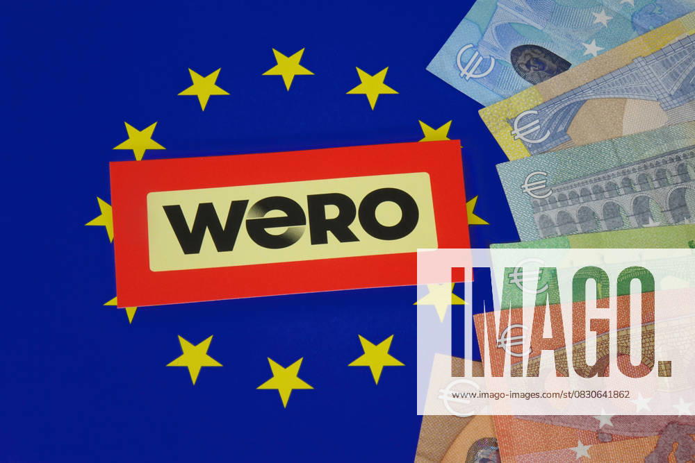 EU symbol with the lettering Wero and various banknotes EU symbol with the lettering Wero and various banknotes, 14 08 2025, Borkwalde, Brandenburg, On an EU symbol is the lettering Wero with various banknotes