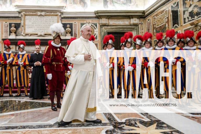 NO FRANCE - NO SWITZERLAND: May 04, 2018 : Pope Francis meets in audience the Swiss Guard Pontifical Corps, on the occasion of the swearing in of the new Guards, accompanied by their families, in the Clementine Hall of the Vatican Apostolic Palace. . NOT FOR SALE FOR MARKETING OR ADVERTISING CAMPAIGNS.