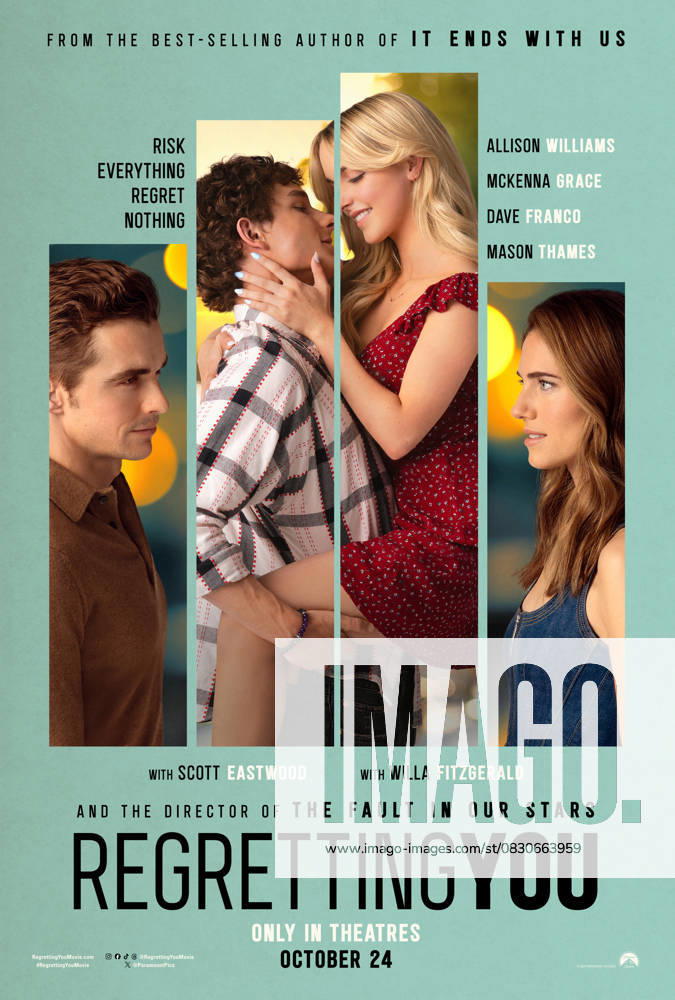 RELEASE DATE: October 24, 2025. TITLE: Regretting You STUDIO: . DIRECTOR: Josh Boone. PLOT: Centers on the strained relationship between young mother Morgan Grant and her teenage daughter Clara, exacerbated by Morgan s husband Chris s tragic death, forcing them to navigate life s challenges together. STARRING: DAVE FRANCO as Jonah, ALLISON WILLIAMS as Morgan poster art. Atlanta U.S. - ZUMAl90_ 20250815_shc_l90_708