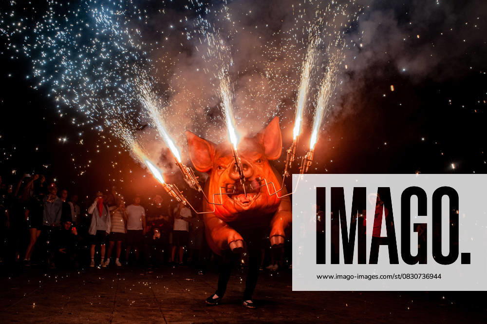 A hellish pork explodes pyrotechnics during the celebration of a correfoc on occasion of Sant Roc summer festival in Barcelona. Correfocs, an old Catalan tradition where people dressed as devils blow up firecrackers and flares, take part every August in the celebrations for the Sant Roc Festival in the Gothic Quarter of the city. Barcelona Spain - ZUMAb137 20250816_fap_b137_004