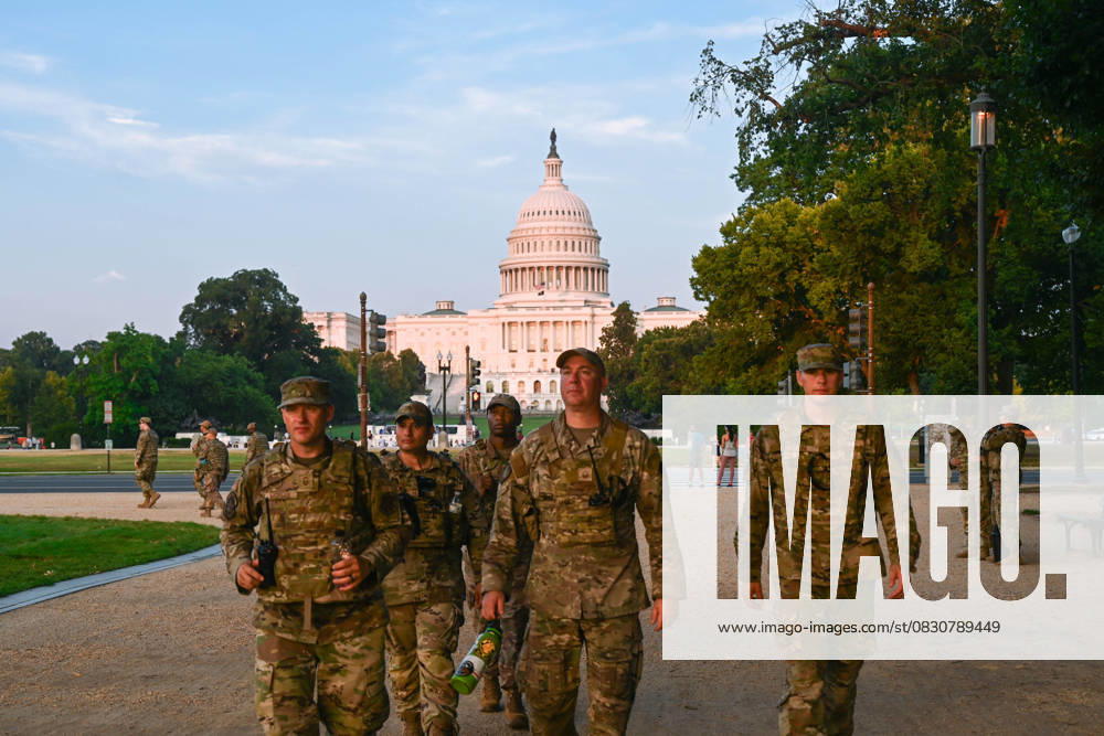 U.S. Army National Guard soldiers assigned to the D.C. Safe and Beautiful Task Force patrol along the National Mall with the U.S Capitol building behind, August 16, 2025 in Washington, D.C. U.S President Donald Trump deployed approximately 800 National Guard service members under the false premise of a crime wave in the capital. Washington United States - ZUMAp138 20250816_zaa_p138_021