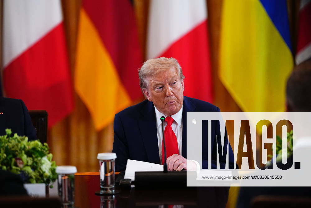 United States President Donald J Trump makes remarks as he participates in a Multilateral Meeting with European Leaders in the East Room of the White House in Washington, DC, USA, on Monday, August 18, 2025. The European Leaders are at the White House in support of President Zelenskyy following President Trump’s meeting with President Vladimir Putin of Russia in Anchorage, Alaska, USA, on Friday