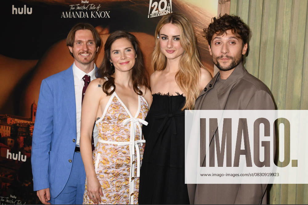 NEW YORK, NY - AUGUST 19: Raffaele Sollecito, Amanda Knox, Grace Van Patten and Giuseppe De Domenico at The Twisted Tale Of Amanda Knox New York Premiere on August 19, 2025 at New York Historical Society in New York City.