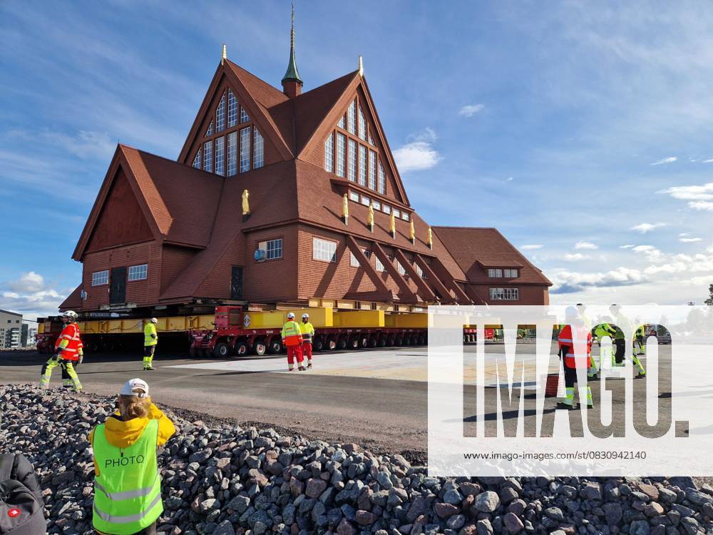 KIRUNA, SWEDEN 20250820 Kiruna church is approaching the platform where it will be placed, after being moved five kilometers from its old location to the new Kiruna center KIRUNA SWEDEN