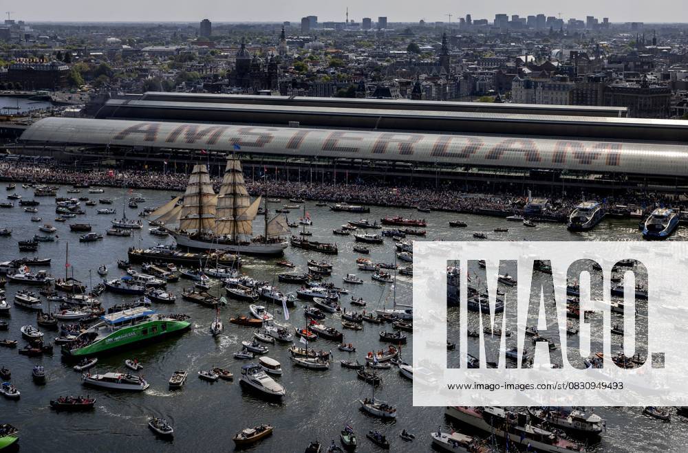 AMSTERDAM Tall ships during the Sail-In Parade seen from the A DAM Tower. The boat parade marks the opening of the ninth edition of SAIL2025. ANP KOEN VAN WEEL netherlands out - belgium out