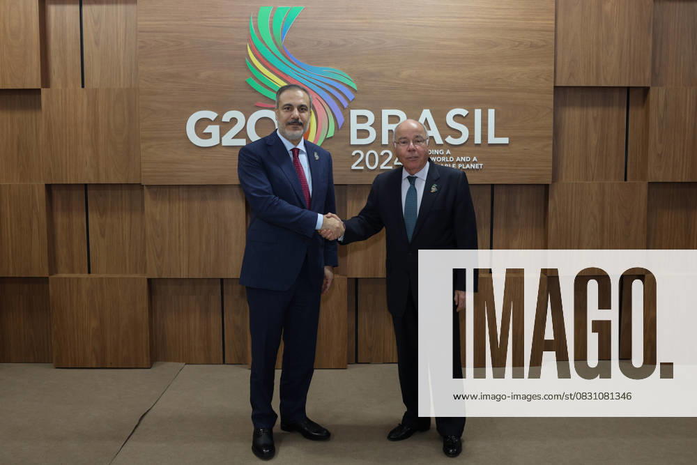 Turkish Foreign Minister Hakan Fidan in Brazil RIO DE JANEIRO, BRAZIL - FEBRUARY 23: Turkish Foreign Minister Hakan Fidan (L) meets with Brazilian Foreign Minister Mauro Vieira (R) as part of the G20 Foreign Ministers Meeting in Rio de Janeiro, Brazil on February 23, 2024. Rio de Janeiro Brazil. Editorial use only. Please get in touch for any other usage.