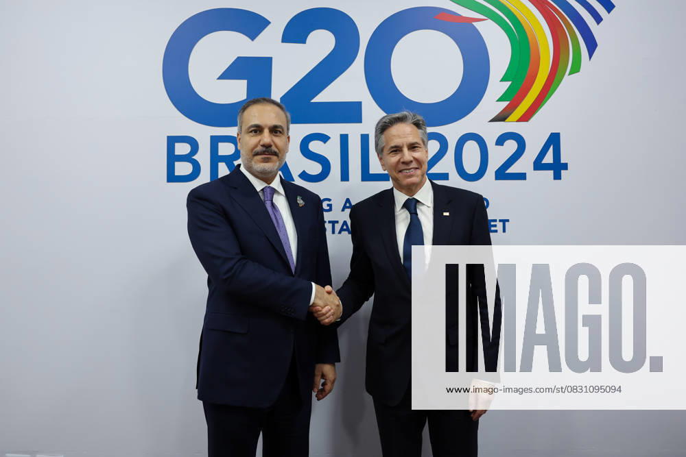 Turkish Foreign Minister Hakan Fidan in Brazil RIO DE JANEIRO, BRAZIL - FEBURARY 21: Turkish Foreign Minister Hakan Fidan (L) meets with US Secretary of State, Antony Blinken (R) during the G20 Foreign Ministers Meeting in Rio de Janeiro, Brazil on February 21, 2024. Rio de Janeiro Brazil. Editorial use only. Please get in touch for any other usage.