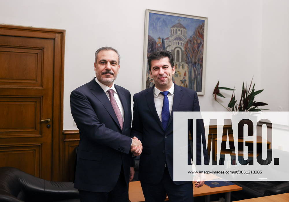 Turkish Foreign Minister Hakan Fidan in Bulgaria SOFIA, BULGARIA - JANUARY 30: Turkish Foreign Minister Hakan Fidan (L) meets with Kiril Petkov (R) , co-chairman of the Continue the Change Party , Boyko Borisov (R) in Sofia, Bulgaria on January 30, 2024. Bulgaria World. Editorial use only. Please get in touch for any other usage.