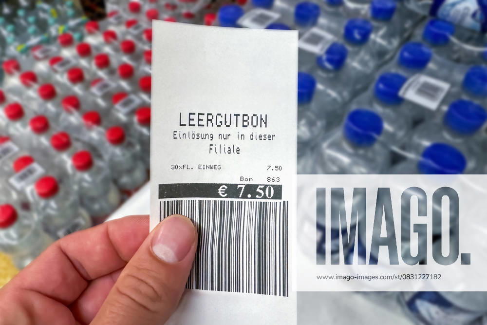 A deposit receipt for â‚¬7.50 is printed after returnable bottles are returned to the supermarket. Symbol for recycling, refunds, and a sustainable deposit system in retail.