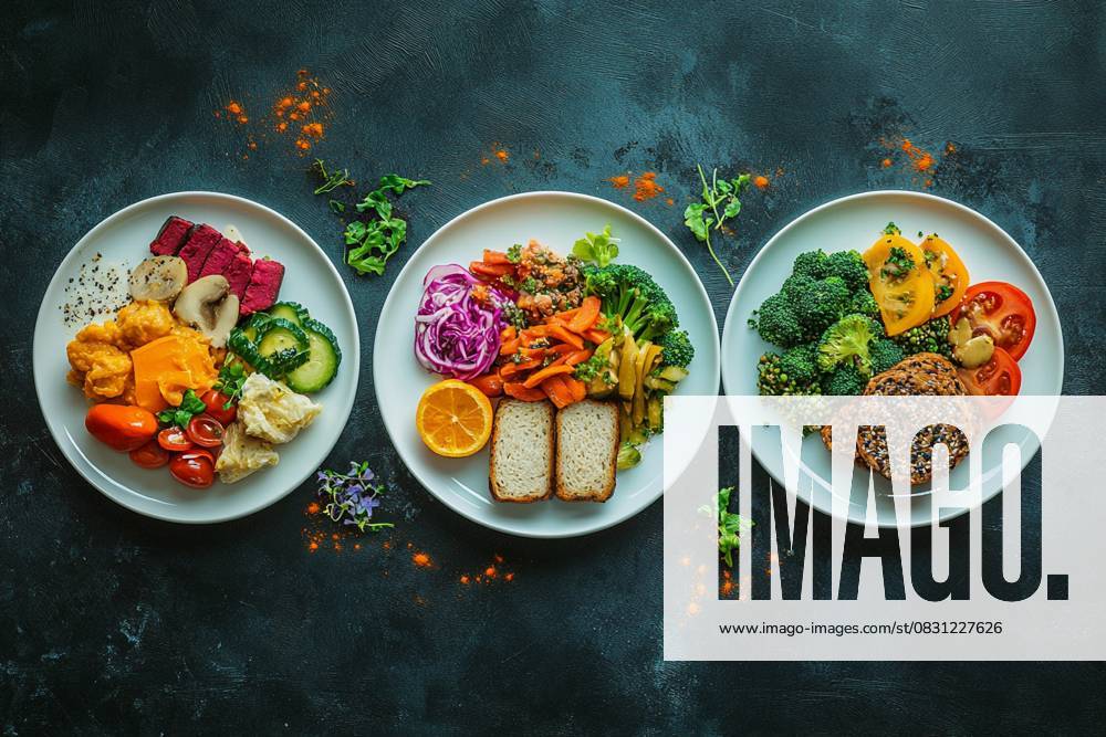 Three distinct plates feature vibrant plant-based meals highlighting vegetarian, vegan, and keto diets with fresh ingredients Three distinct plates feature vibrant plant-based meals highlighting vegetarian, vegan, and keto diets with fresh ingredients., 64129432.jpg RECORD DATE NOT STATED