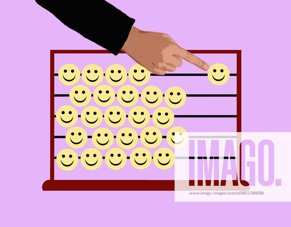 Hand counting smiley faces on abacus symbolizing happiness and wellbeing, GWAF00965
