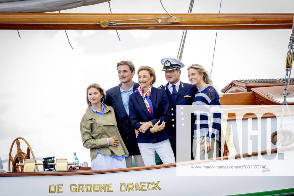 Amsterdam Prince Maurits and Princess Marilene with Anna van Lippe-Biesterfeld van Vollenhoven (2001) and Lucas van Lippe-Biesterfeld van Vollenhoven (2002) and Felicia van Lippe-Biesterfeld van Vollenhoven (2005) during SAIL Amsterdam 2025 on the clipper Stad Amsterdam in Amsterdam. Â