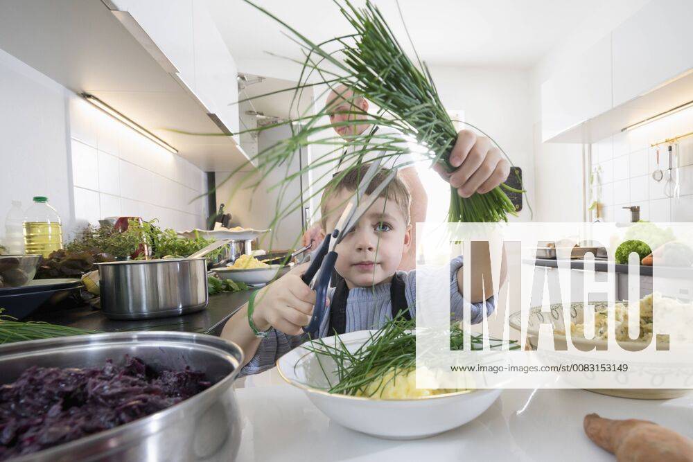 Little boy cutting fresh organic chives in kitchen mit_2017_10348