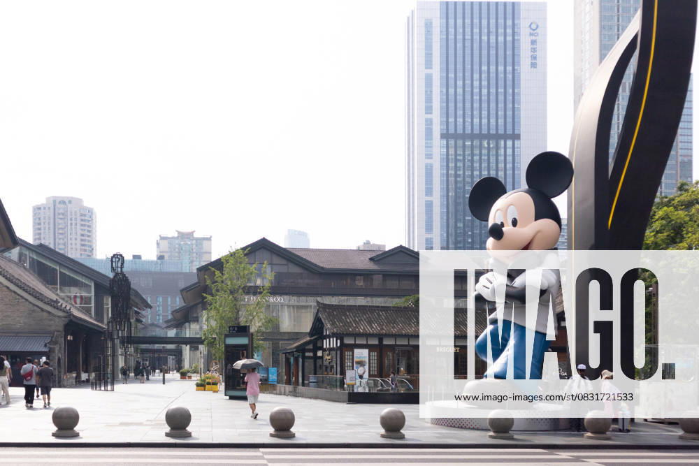 A giant Mickey Mouse installation greets visitors at the Taikoo Li shopping mall, where Disney has teamed up with the venue for a month-long event, on August 27, 2025 in Chengdu, Sichuan Province of China.