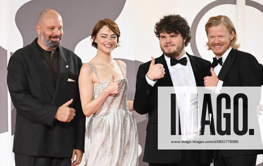 Greek director Yorgos Lantimos, American actress Emma Stone, actors Aidan Delbis and Jesse Plemons attend the premiere of Bugonia at the 82nd Venice Film Festival in Venice, Italy on Thursday, August 28, 2025. VEN20250828158 RUNExHELLESTAD